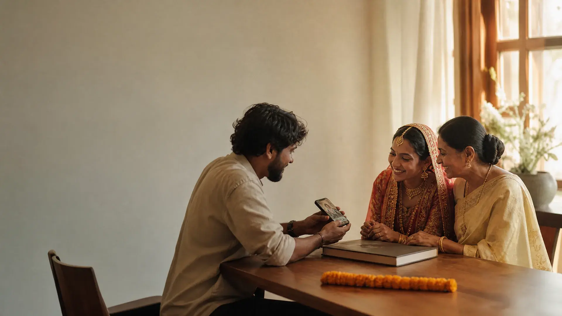 A wedding photographer handing a phone with the finished gallery across a table to a bride and her mother at home