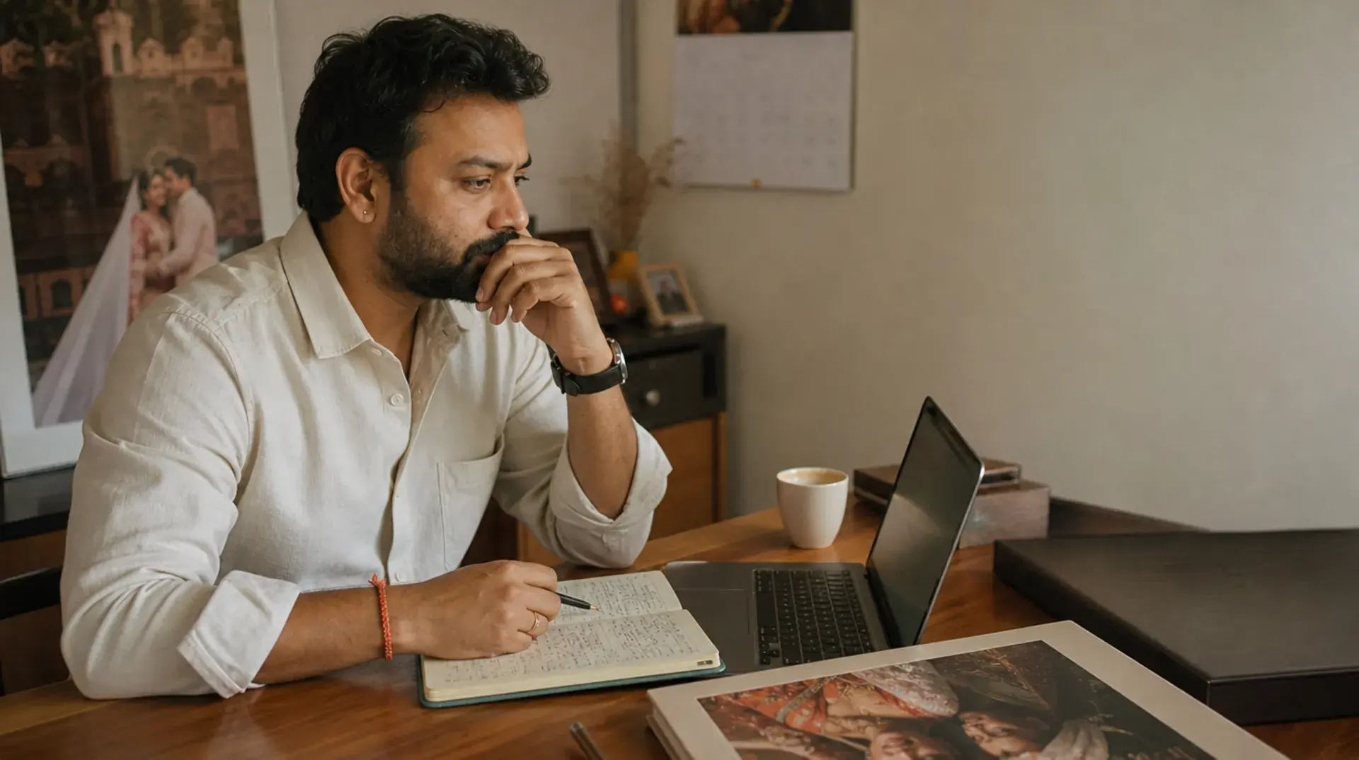 A studio owner comparing software on a laptop with a notebook of handwritten notes in morning light.