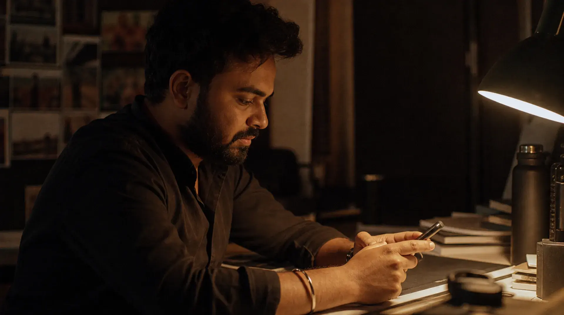 A photographer at his desk late at night, composed, handling an unpaid client on his phone.