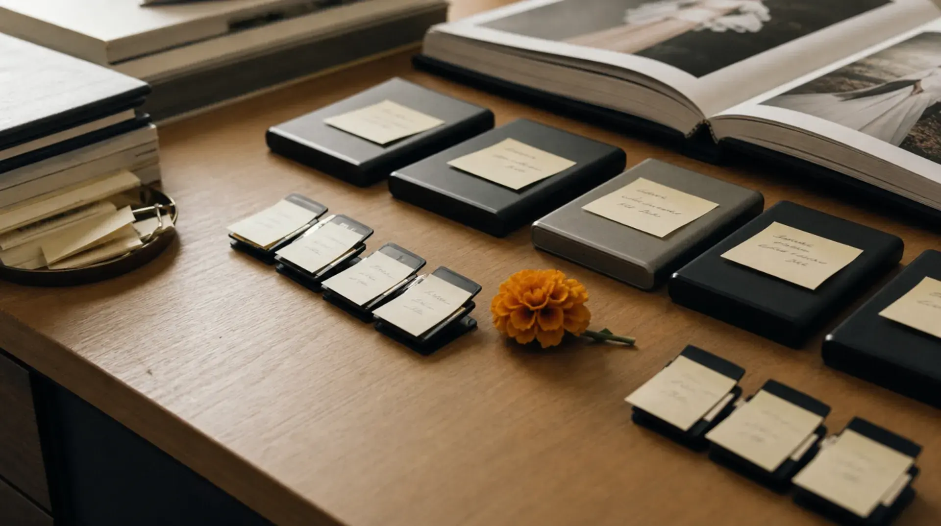 A studio desk with labeled SD cards and drives for many wedding albums, one marigold flower among them.