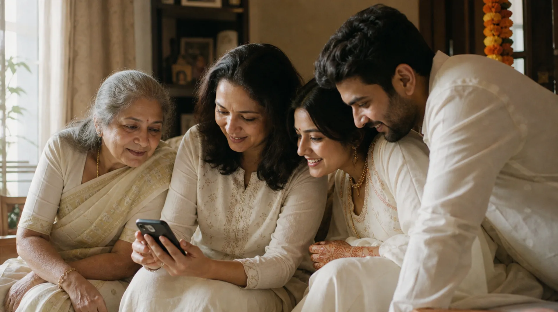 An Indian family of three generations gathered around a phone, viewing their wedding gallery together.