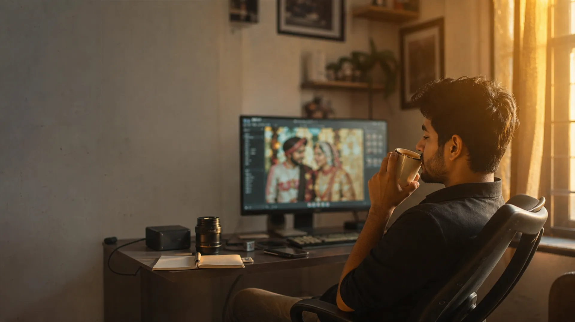 A wedding photographer leaning back calmly at his studio desk, work delivered, phone face-down.