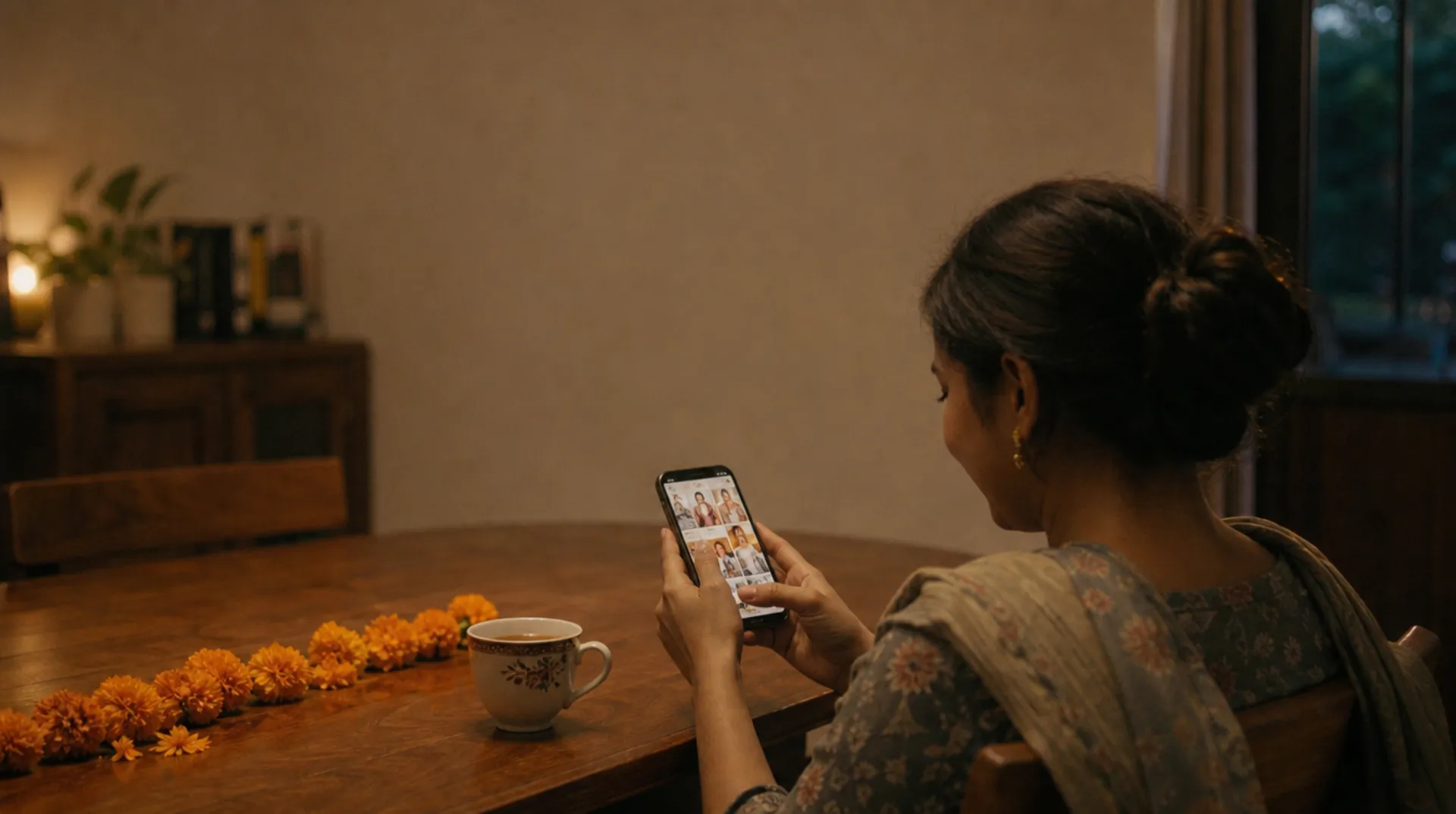 A woman at home in warm evening light viewing her just-unlocked wedding gallery on her phone.